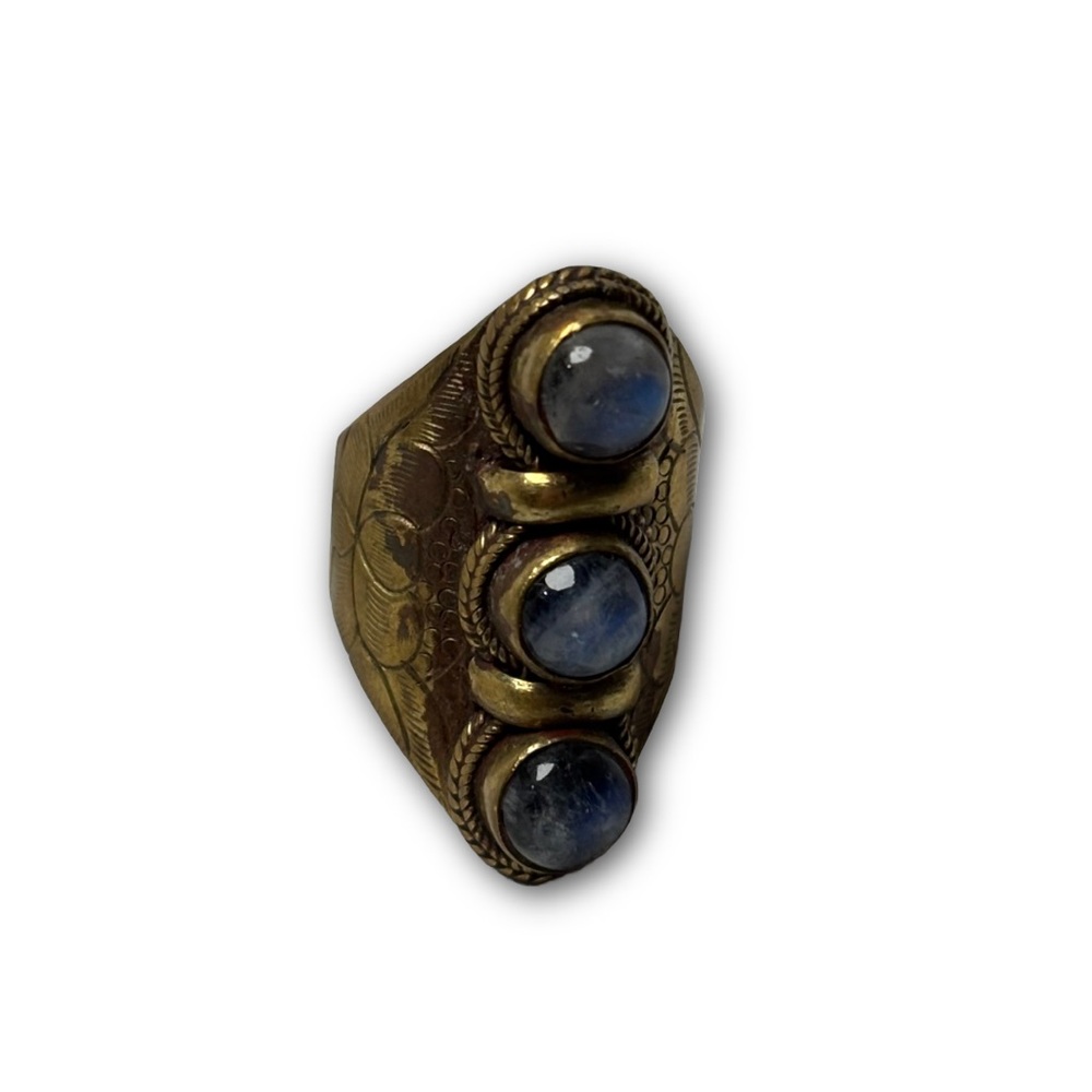 Brass Ring with Triple Blue Moonstone Cabochons
